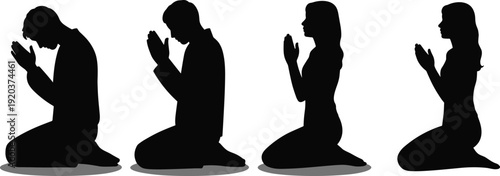 Silhouette of man and woman kneeling in prayer, hands clasped in worship, spiritual devotion and faith concept isolated on white background