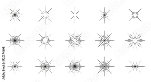Collection of Outline Starburst and Sparkle Shapes on Isolated White Background