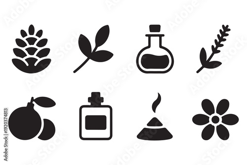Aesthetic collection of aromatherapy symbols featuring natural elements and essential oils in a simple graphic style
