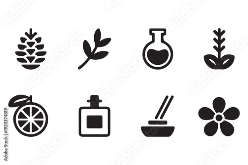Essential oils and spa icons featuring botanical elements fragrance bottles and organic wellness materials