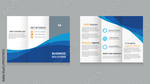 Modern Business Trifold Brochure Template with Blue Waves and Corporate Layout.