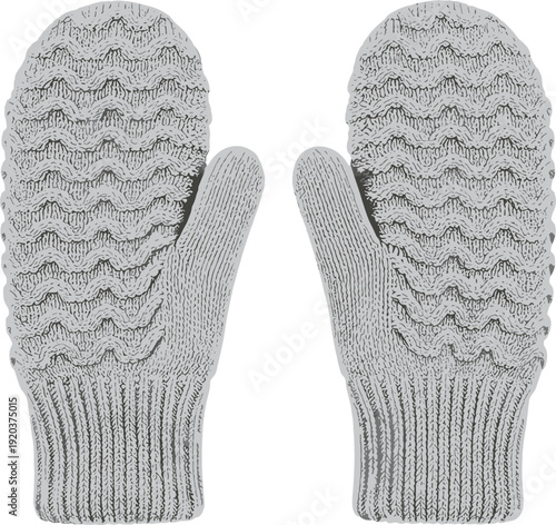 Vector illustration of a pair of gray knitted mittens with wavy texture and ribbed cuffs for winter fashion।
