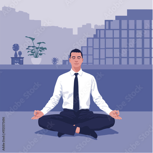 Businessman meditates in modern office with city view