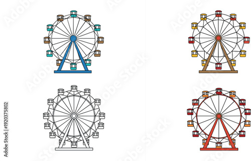 Vector illustration set of colorful and outline ferris wheels for amusement park carnival and fairground entertainment concepts