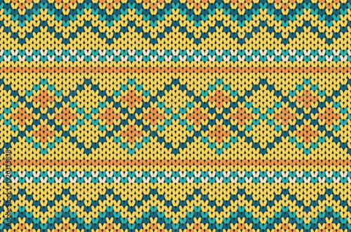 Contemporary ethnic style knitted yarn pattern in yellow tones.