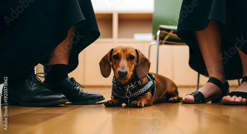 A dachshund wearing a bandana sits amongst people s legs indoors