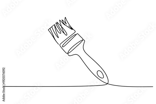 Black and white line of a paintbrush touching a surface bristles handle line painting