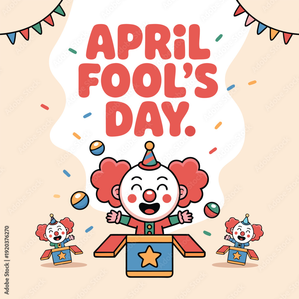 Fototapeta premium Happy april fools day celebration with cute clown jack in the box and juggling balls on a light background