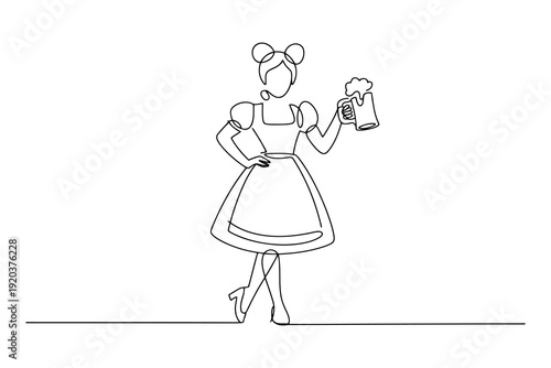 Line of a woman in traditional Bavarian attire holding a beer mug line black and white traditional attire