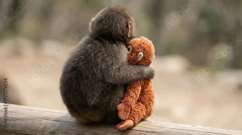 Obraz Punch baby macaque from behind hugging plush toy, orphan monkey showing emotional attachment, loneliness, comfort and vulnerability wildlife concept
