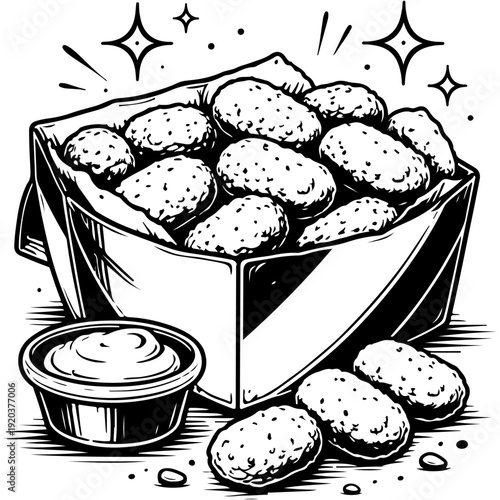 Vintage chicken nuggets box illustration with dipping sauce black and white fast food icon