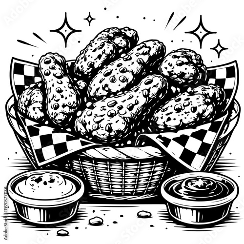 Vintage fried pickles basket illustration with dipping sauces black and white fast food icon