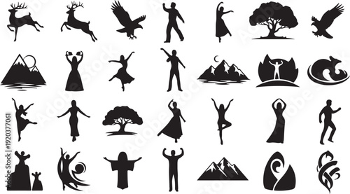 Collection of black silhouettes on white background various poses