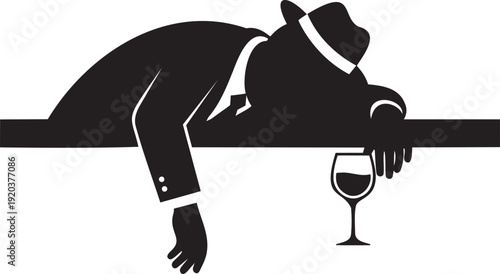 Silhouette illustration of a man in a hat sleeping at a bar counter with wine.