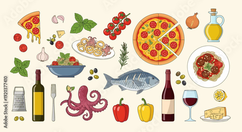 Assorted Italian food and drink illustrations including pizza, pasta, seafood, and wine.