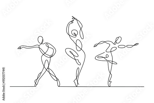 Minimalist black and white line of three dancers in dynamic poses