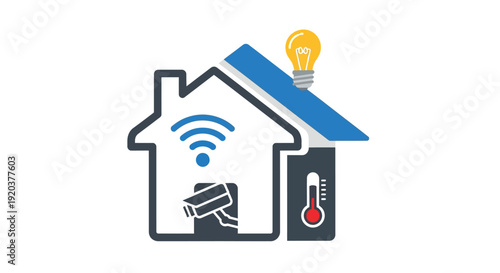 Icon depicting a smart home with security features lighting and temperature control
