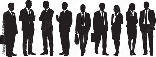 Business people silhouettes vector set, men and women walking standing and shaking hands, corporate team collection isolated on white background