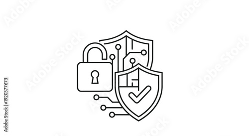 Cybersecurity shield with an open padlock and connected circuit lines illustration