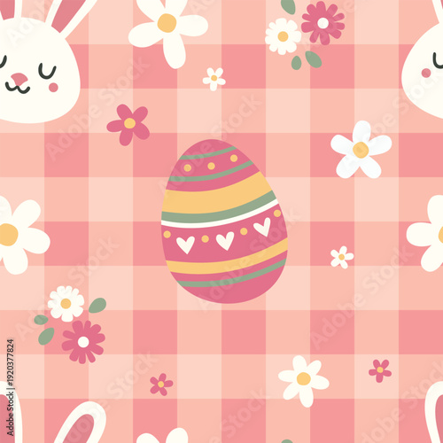 Seamless pattern in a cute children's style for Easter. Colored eggs, a rabbit, and flowers.
Cozy, cute children's background in a pink checkered pastel palette.
