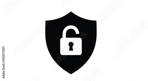 Black shield icon with a white padlock symbol representing security and protection