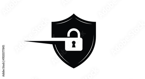 Black shield icon with an open padlock centered within representing security