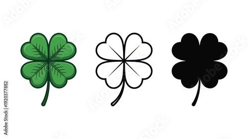 Four Leaf Clover Icons vector illustration, green, black, and white design