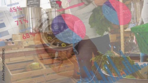 Animation of data processing and alarm clock over caucasian shopping together at grocery store