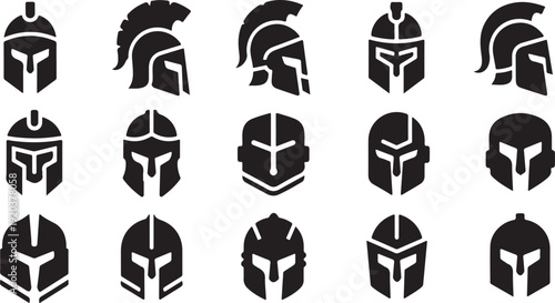 Collection of black and white gladiator helmet vector icons