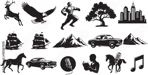 Various black and white icons and symbols collection