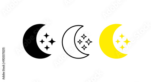 Crescent moon phases with stars icons in black white and yellow colors