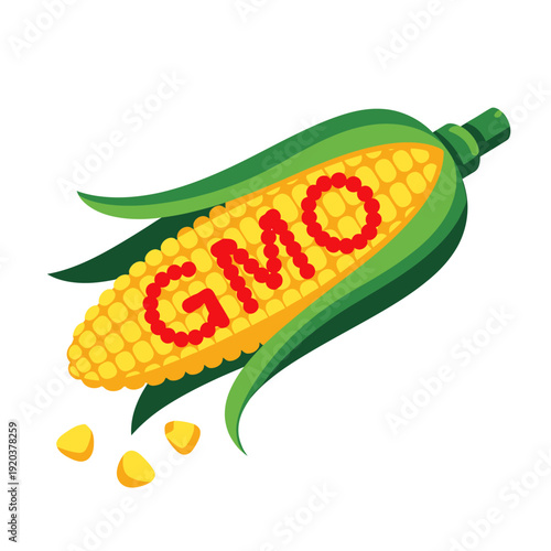 Genetically modified corn with GMO text on yellow kernels and green leaves