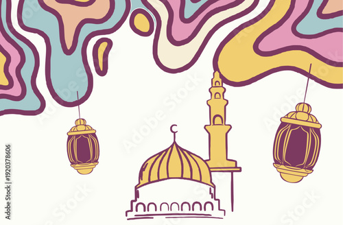 Abstract Doodle Vector Background Ramadan Kareem with mosque