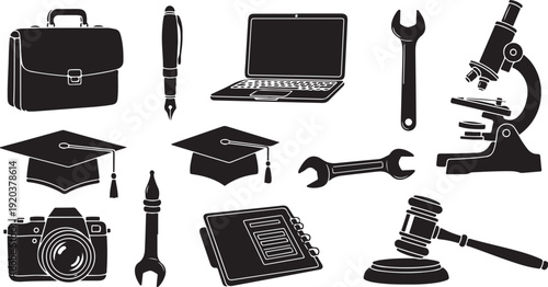 Various tools and objects for different professions and education