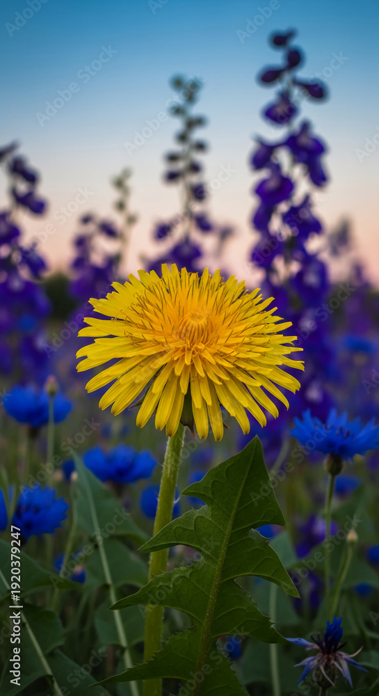 Obraz premium Close-up of a yellow dandelion in a field of blue flowers under a gradient sky, showing nature's beauty and springtime freshness and vibrancy