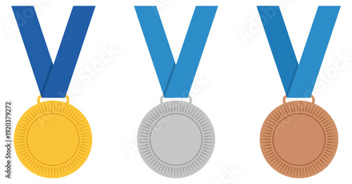 Medals colorful vector graphic, gold, silver, and bronze medals with blue ribbon isolated on white for sports and competition design