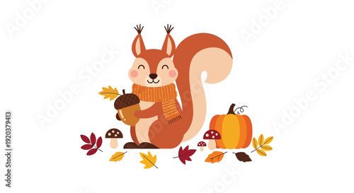 A charming illustration depicts an autumnal scene with a squirrel pumpkin and falling leaves silhouette high quality professional detailed modern