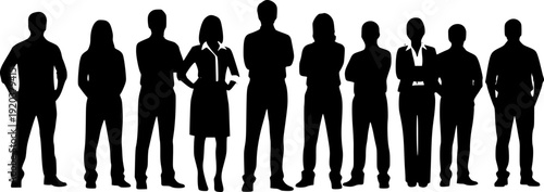Business team silhouettes standing together, corporate diversity, professional workforce unity, leadership collaboration concept, modern office people illustration, for global business