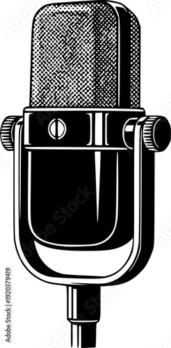 Vintage studio microphone illustration, retro audio recording equipment isolated on white background, classic broadcast music podcast technology concept design