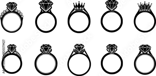 Black diamond ring icon set, luxury engagement jewelry silhouettes, crown gemstone designs, minimal vector illustration isolated on white background collection
