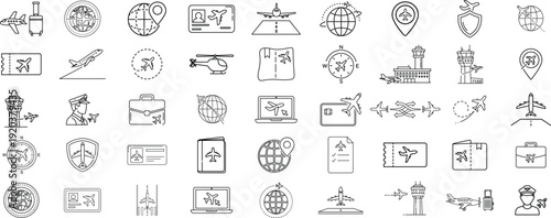 Aviation Service and Airport Icons Set – Passport, Boarding, Control Tower and Flight Line Vector