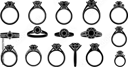 Black diamond ring icon set, luxury engagement jewelry silhouettes, crown gemstone designs, minimal vector illustration isolated on white background collection