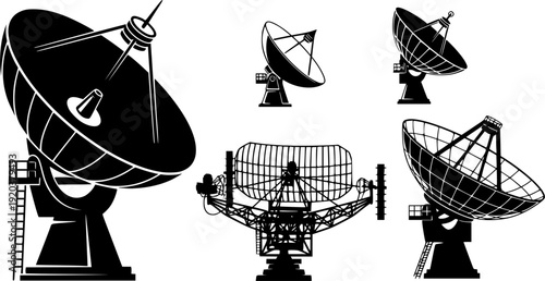 Satellite dish silhouettes set, radar antenna collection, communication technology icons, space signal receiver, broadcasting equipment illustration, isolated vector design elements