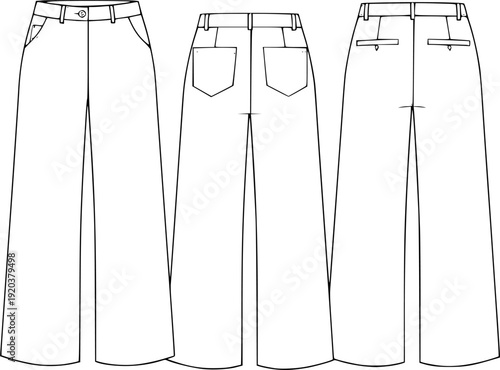 Women wide leg pants technical fashion illustration, casual trousers design sketches, front back views, minimalist apparel template, for modern collections