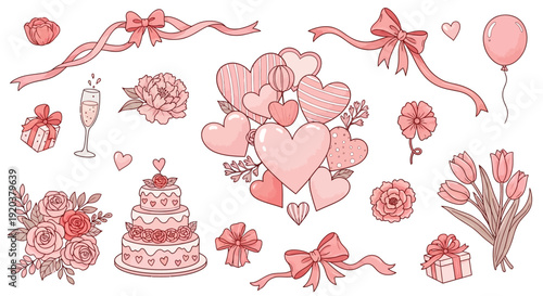 Valentine's Day illustration set with hearts, flowers, and gifts.