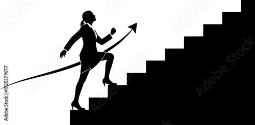 Businesswoman silhouette climbing stairs toward success, career growth concept, leadership ambition, professional achievement, corporate motivation illustration, for modern business success