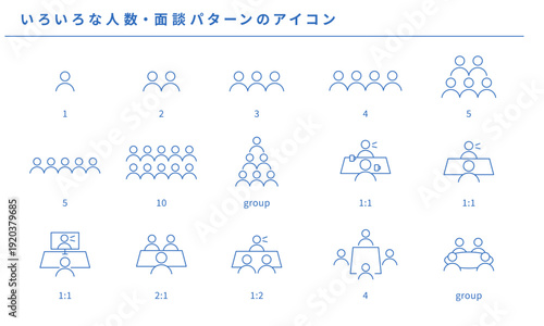 いろいろな人数、面談パターンのシンプルアイコンセット素材