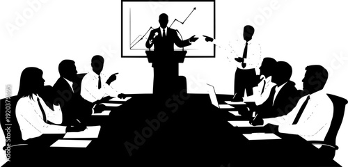 Business meeting silhouettes with executive presentation, corporate discussion, teamwork collaboration, leadership strategy, professional
