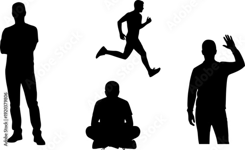 Silhouettes of people engaging in various activities and poses on a white background
