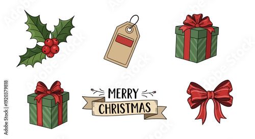 Christmas gift boxes with red ribbons and holly leaves.